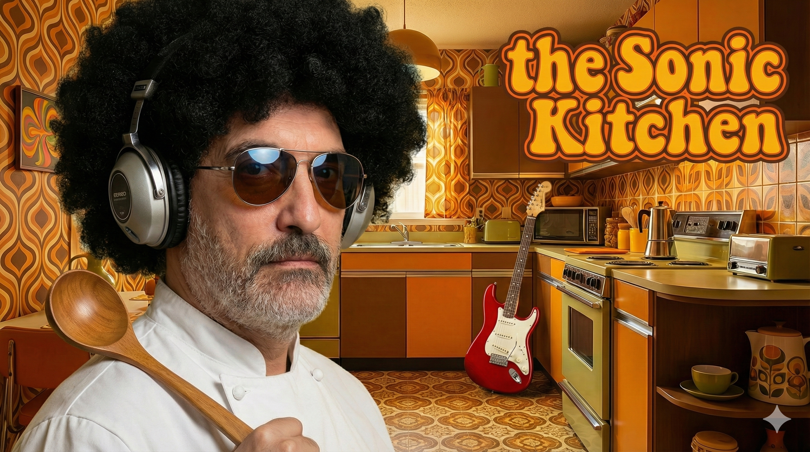 A 1970s retro style photo: The artist dressed as a chef with a large afro wig and analog headphones in a bright orange vintage kitchen, holding a wooden spoon with a red electric guitar in the background